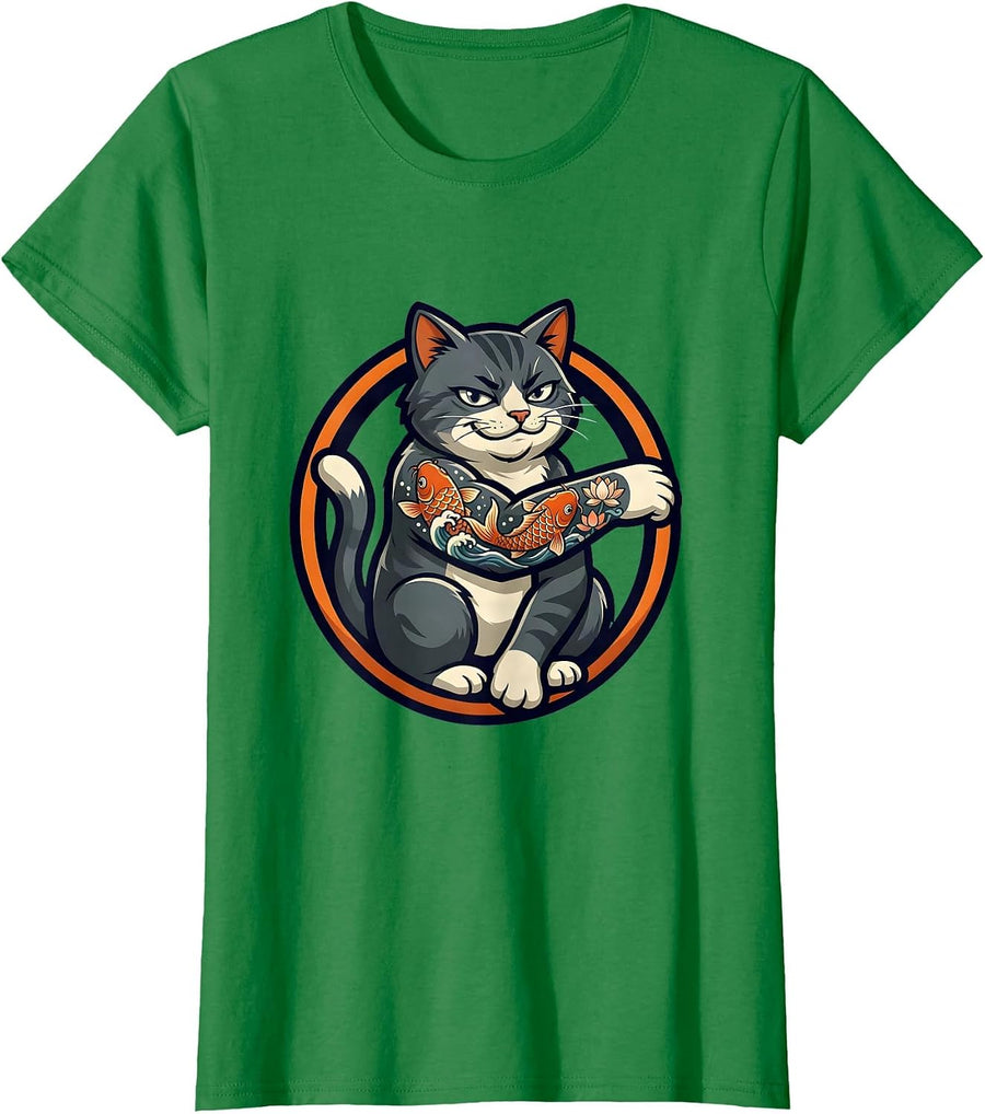 Women's Cat With Koi Fish Tattoo Sleeve Illustration T-Shirt - Kelly Green