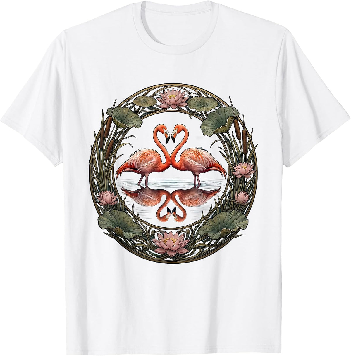 Flamingo Lake Reflection Mirrored Illustration T-Shirt - White