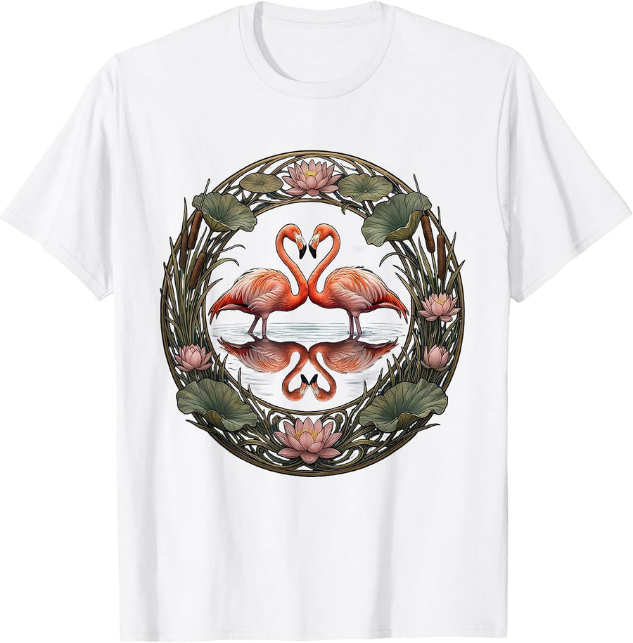 Flamingo Lake Reflection Mirrored Illustration T-Shirt - White