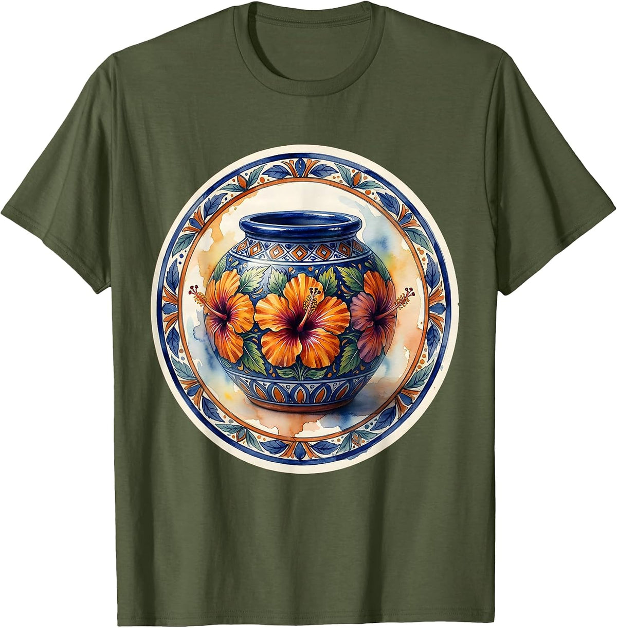 Ornate Talavera Pottery Mexican Floral Art Design T-Shirt - Olive Green