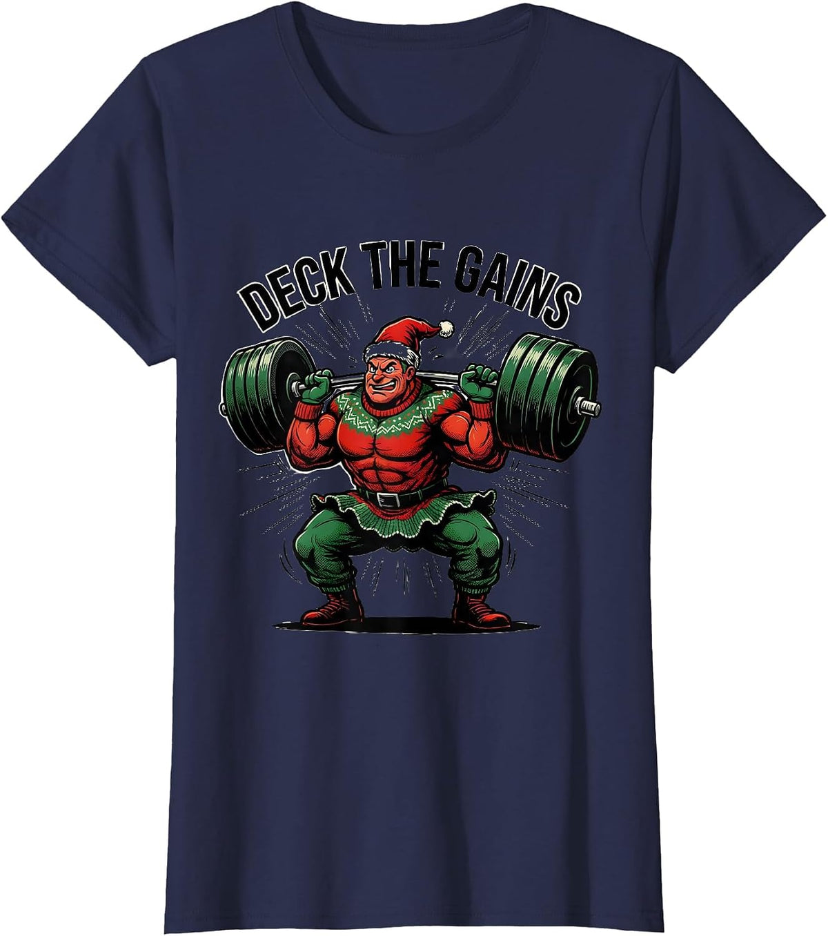 Women's Deck The Gains Funny Comic Book Christmas Gym Weightlifting T-Shirt - Navy Blue