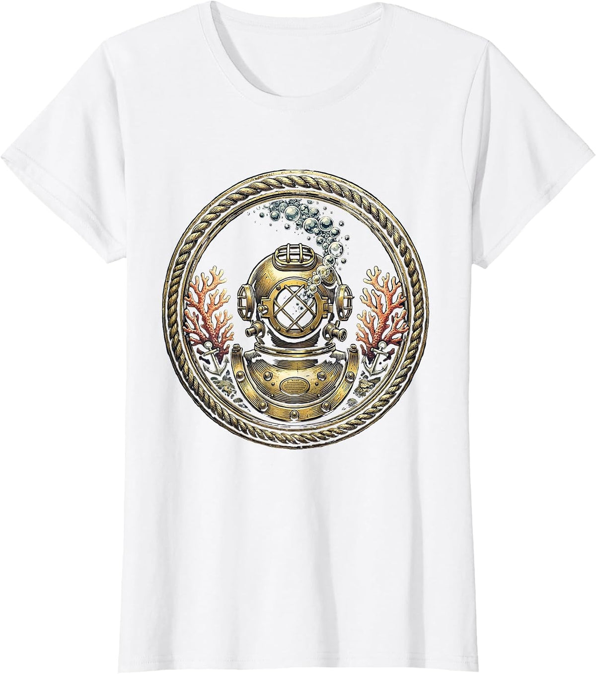 Vintage Diving Helmet Bubbles Navy Graphic T-Shirt - White