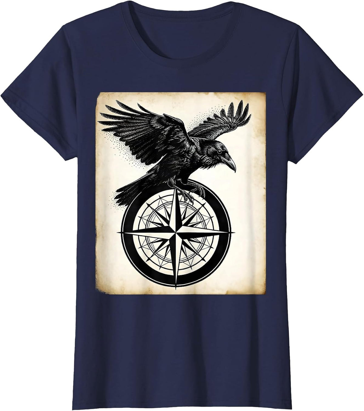 Women's Crow Perched on Vintage Compass Rose T-Shirt - Navy Blue