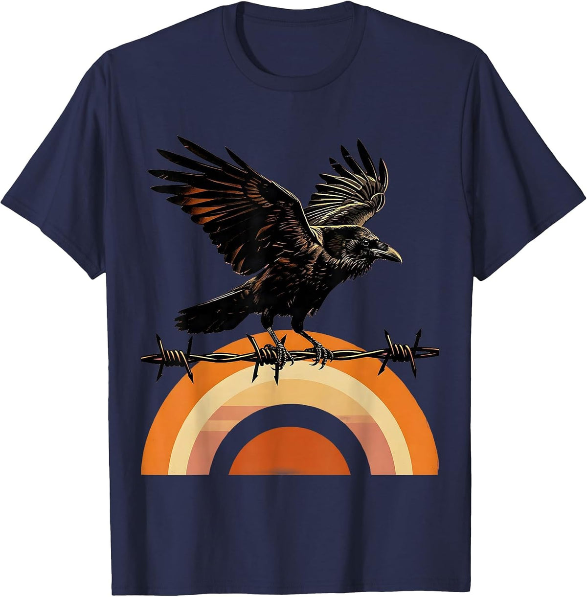 Men's Crow on Barbed Wire Sunrise Illustration T-Shirt - Navy Blue