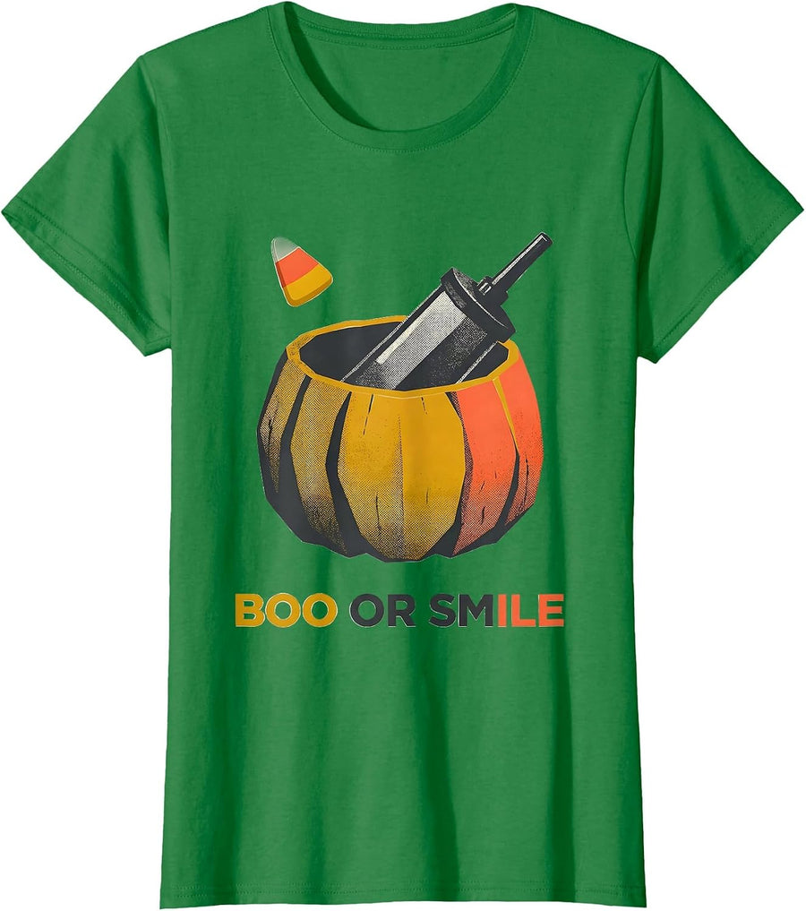 Women's Boo Or Smile Midcentury Modern Dental Hygienist Halloween T-Shirt - Kelly Green