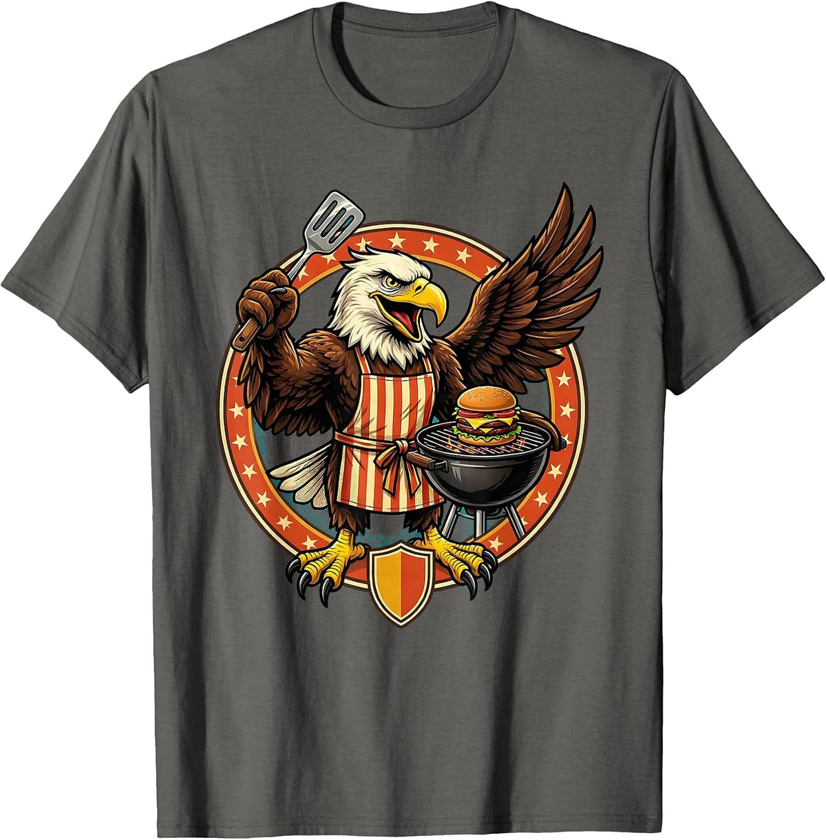 Bald Eagle Grilling Burgers Funny BBQ Design T-Shirt - Asphalt Grey