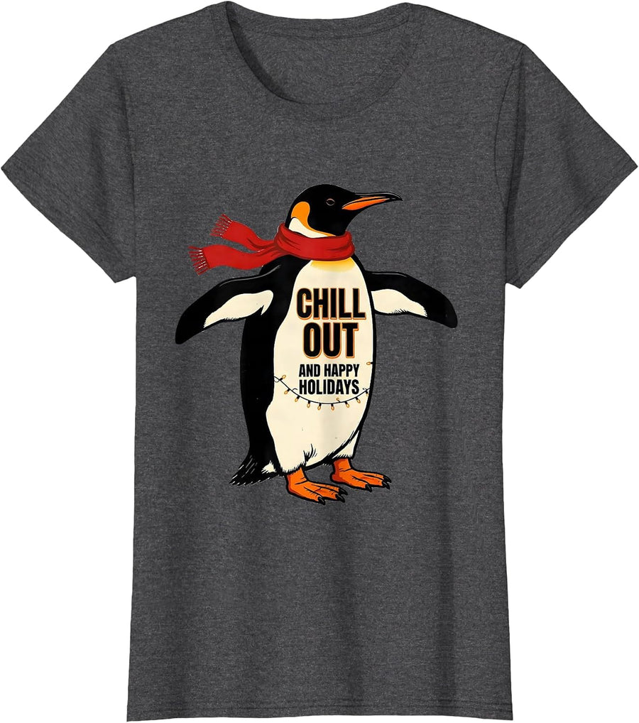 Women's Chill Out And Happy Holidays Funny Penguin Lover Christmas T-Shirt - Dark Heather Grey