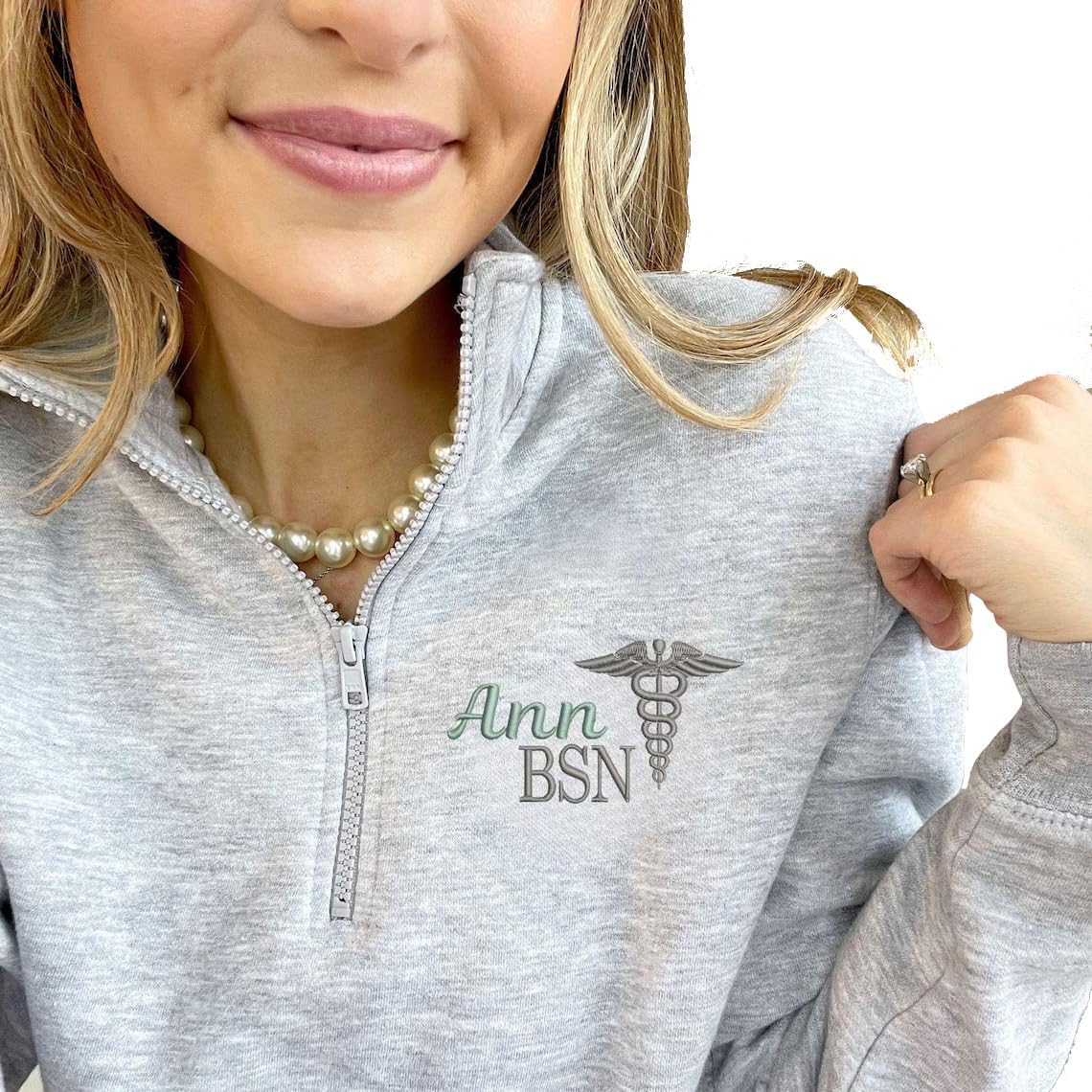 Personalized Nurse Embroidered Sweatshirt or Quarter Zip – Custom Name & Title RN, BSN, CNA, LPN, MA, NP, ICU, ER | Medical