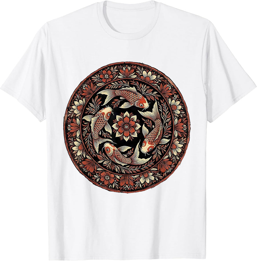 Men's Red White and Blue Koi Fish Swirl Design T-Shirt - White