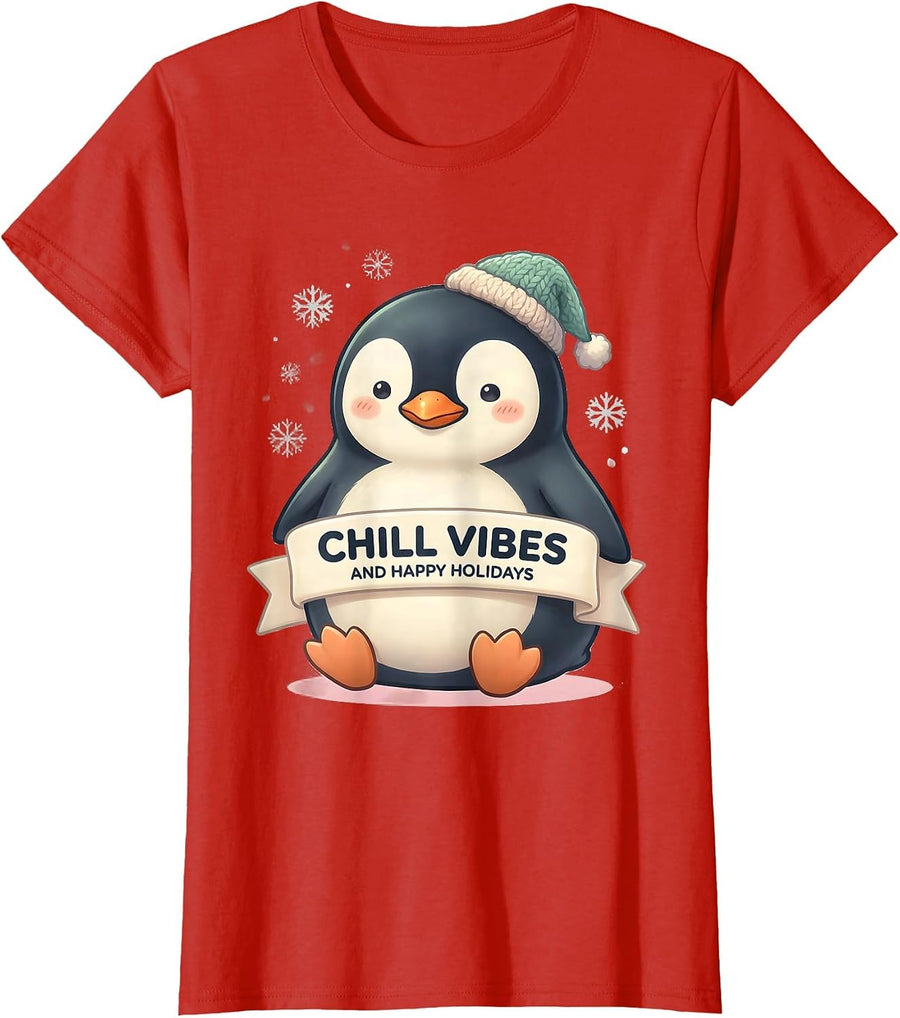 Women's Chill Vibes And Happy Holidays Cute Kawaii Penguin Lover T-Shirt - Red