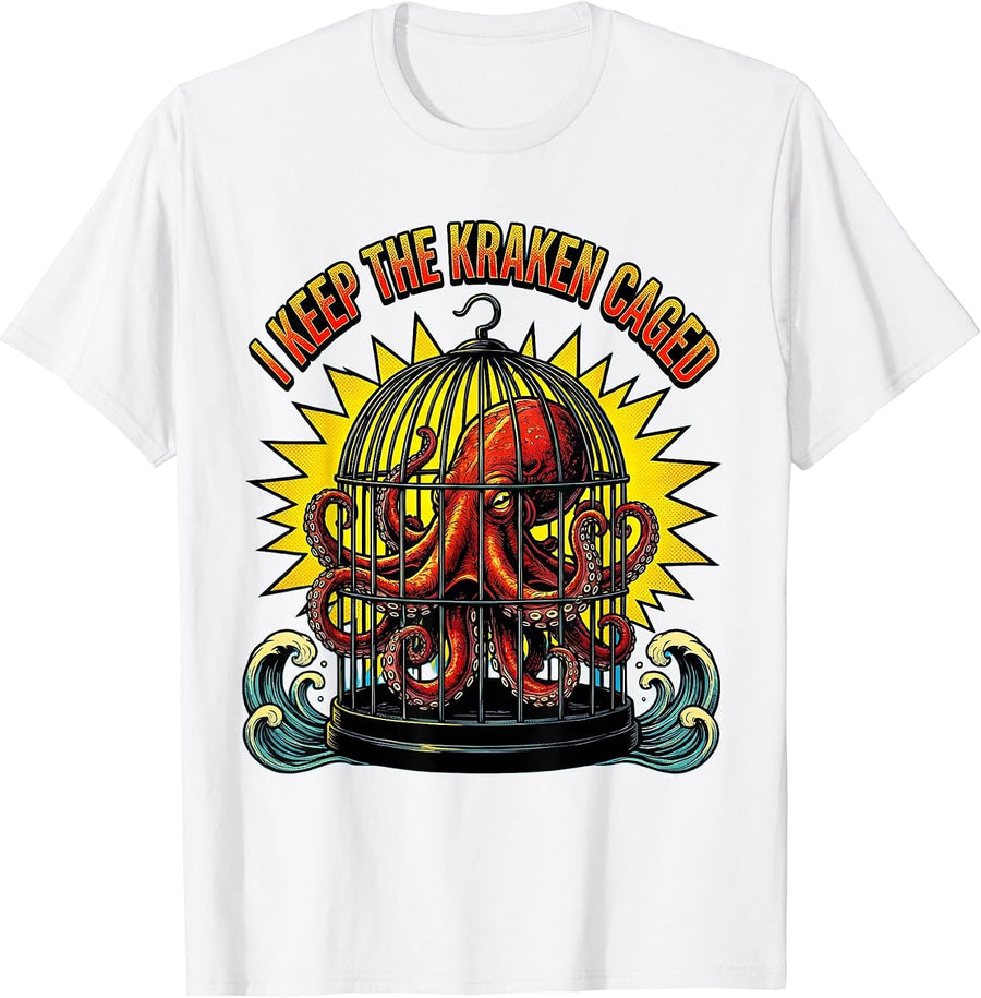 Men's I Keep The Kraken Caged Pop Art Sea Monster Vintage Octopus T-Shirt - White