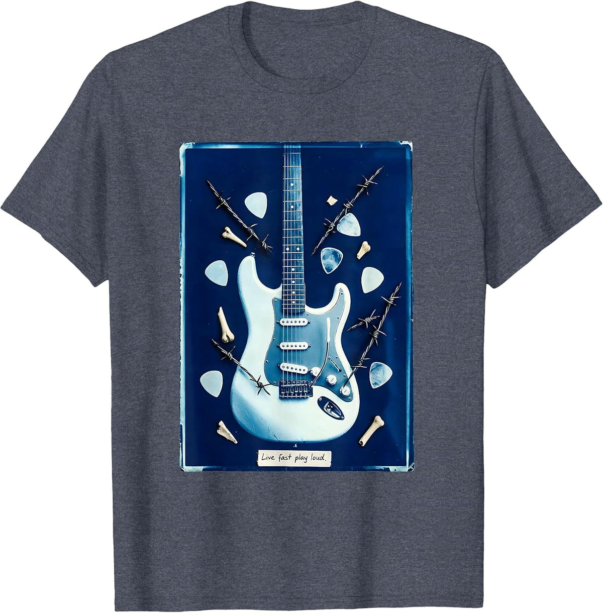Live Fast Play Loud Metal Band Graphic Design T-Shirt - Heather Blue