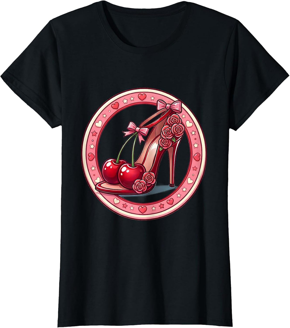 Gigi High Heel Rose Floral Illustration T-Shirt - Black