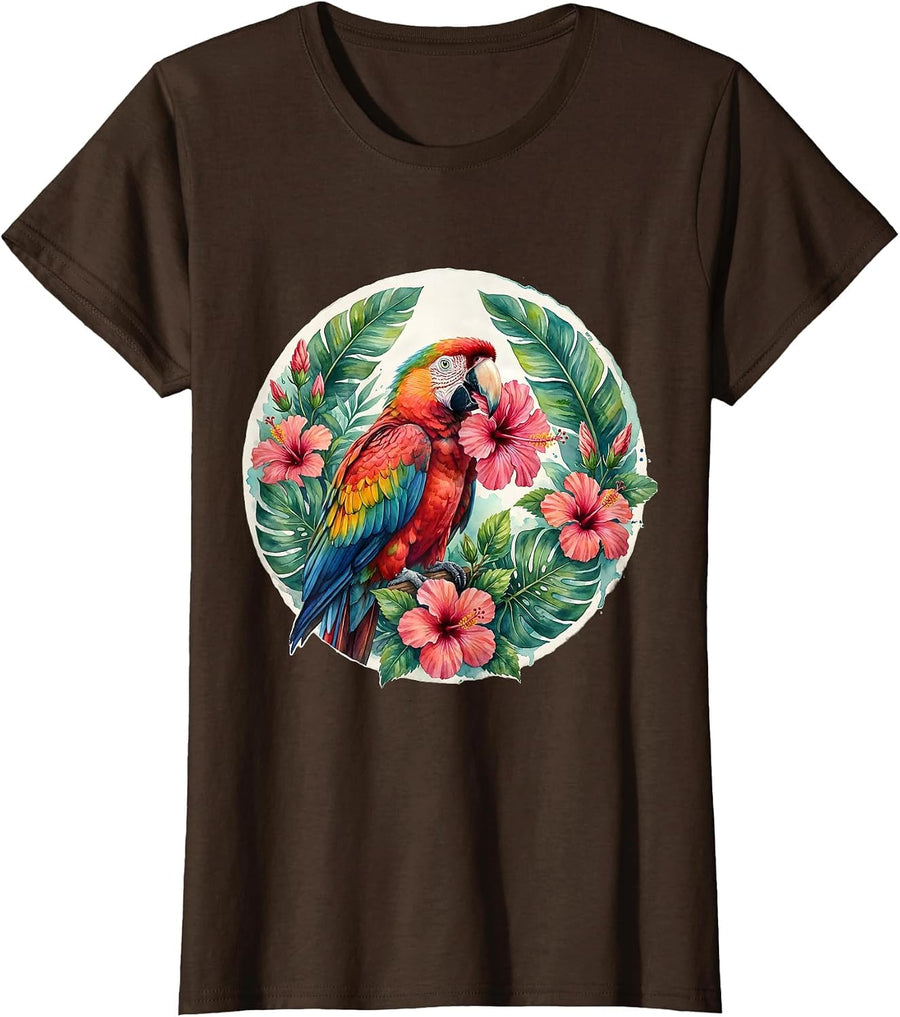 Women's Colorful Parrot Hibiscus Hawaiian Tropical Design T-Shirt - Brown