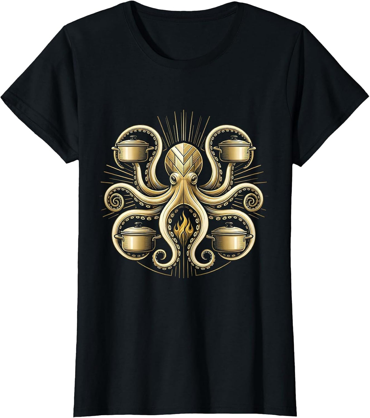 Women's Octopus Chef Stirring Multiple Pots Funny Cook T-Shirt - Black