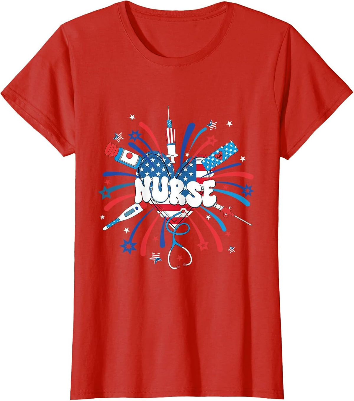Firework 4th of July Nurse Independence Day Girly Nurse ICU T-Shirt - Red