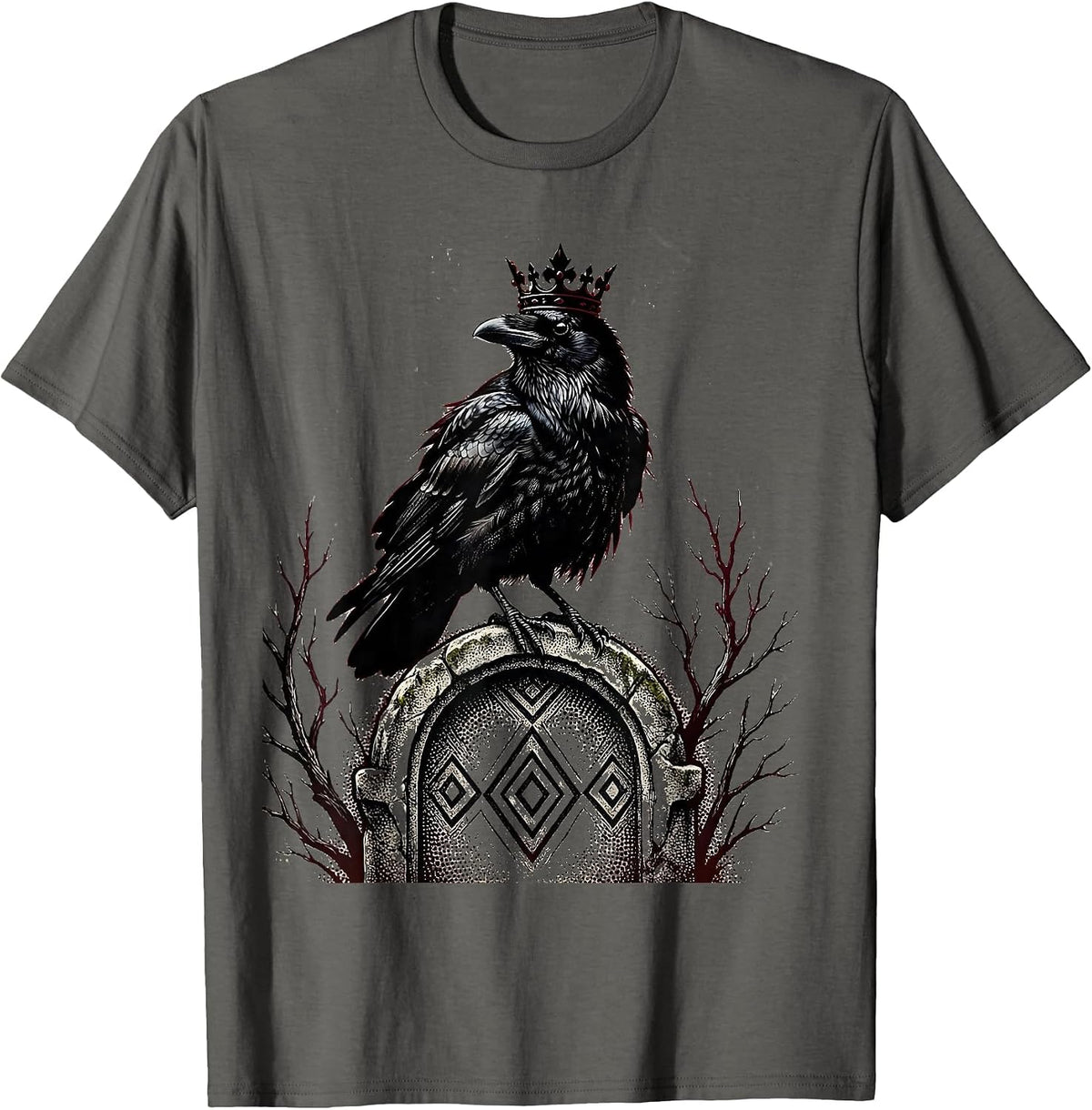 Crow King Gravestone Gothic Halloween Design T-Shirt - Asphalt Grey