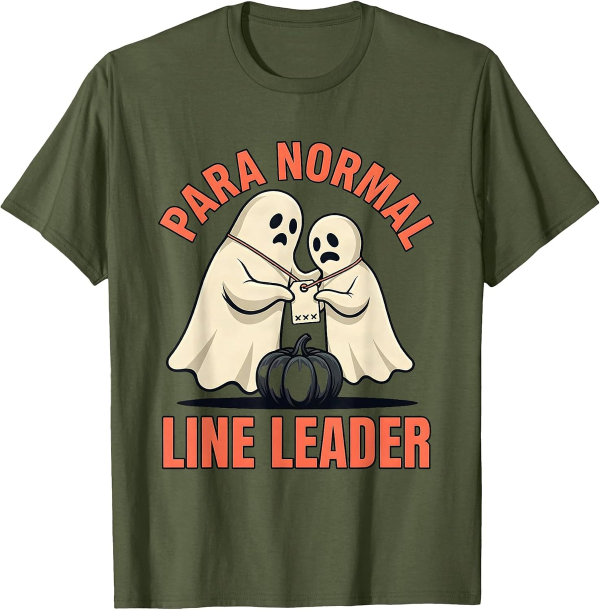 Para Normal Line Leader Flat Vector Ghost Halloween Teacher T-Shirt - Olive Green