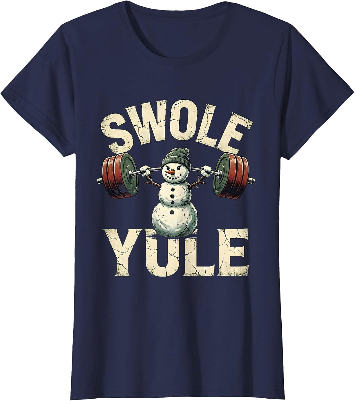 Women's Swole Yule Distressed Funny Christmas Weightlifting Gym T-Shirt - Navy Blue