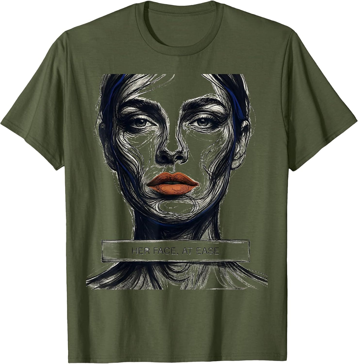 Her Face At Ease Abstract Fashion Designer Artwork T-Shirt - Olive Green