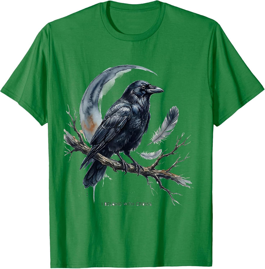 Men's I Belong With Crows Gothic Raven Nature Aesthetic Watercolor T-Shirt - Kelly Green