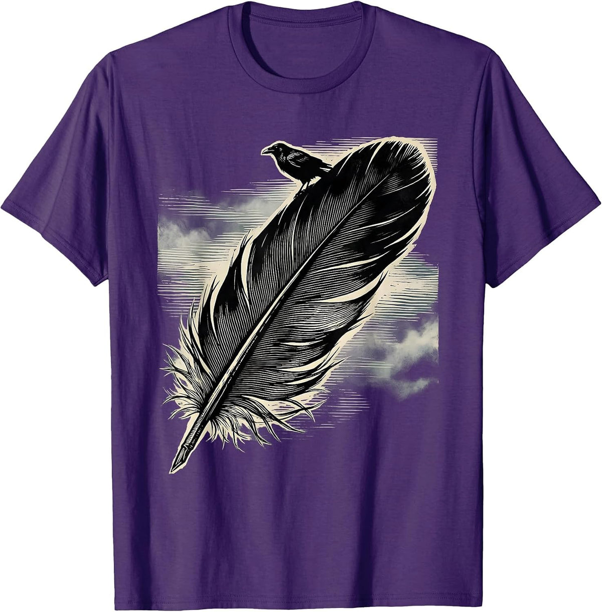 Crow Feather Falling Through Misty Air Design T-Shirt - Purple