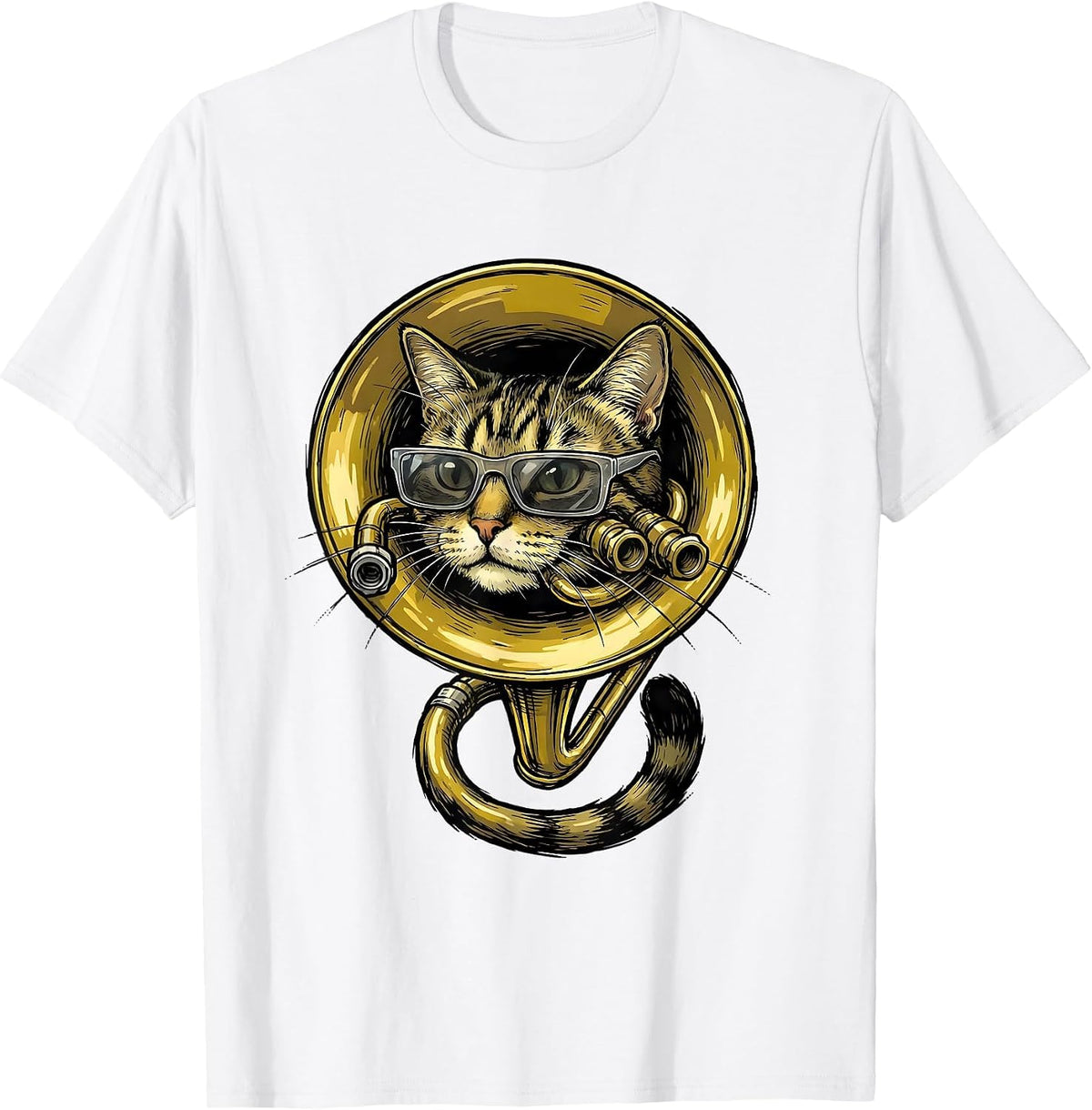 Men's Trumpet Cat With Sunglasses Funny Musician Humor T-Shirt - White
