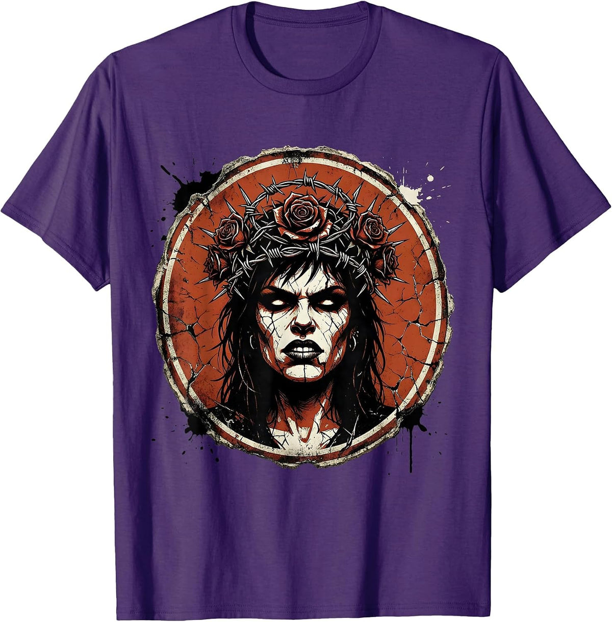 Punk Girl Roses and Razor Wire Crown Graphic T-Shirt - Purple