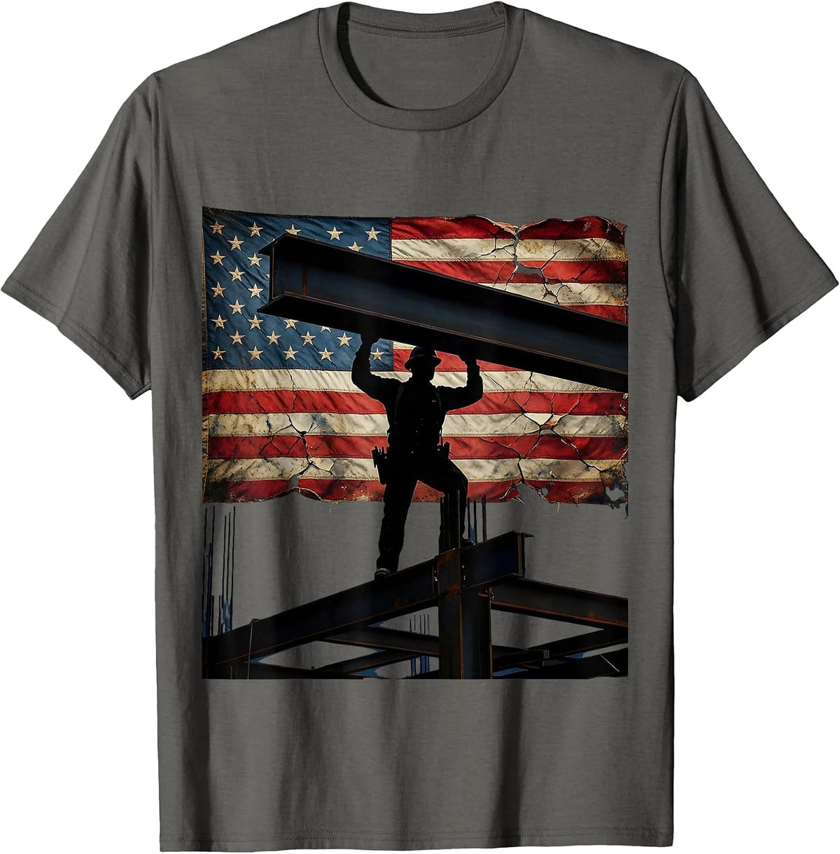 Men's Iron Worker Patriotic Construction Graphic Tee T-Shirt - Asphalt Grey