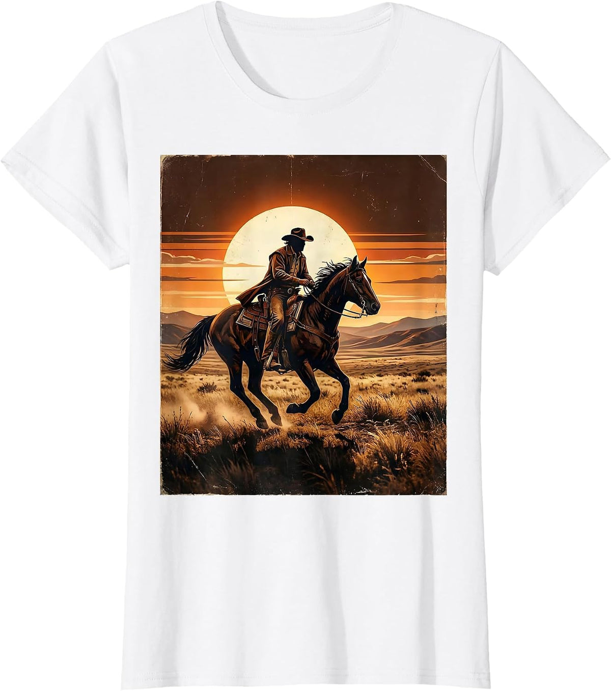 Lone Rider Horseback Sunset Freedom Graphic T-Shirt - White