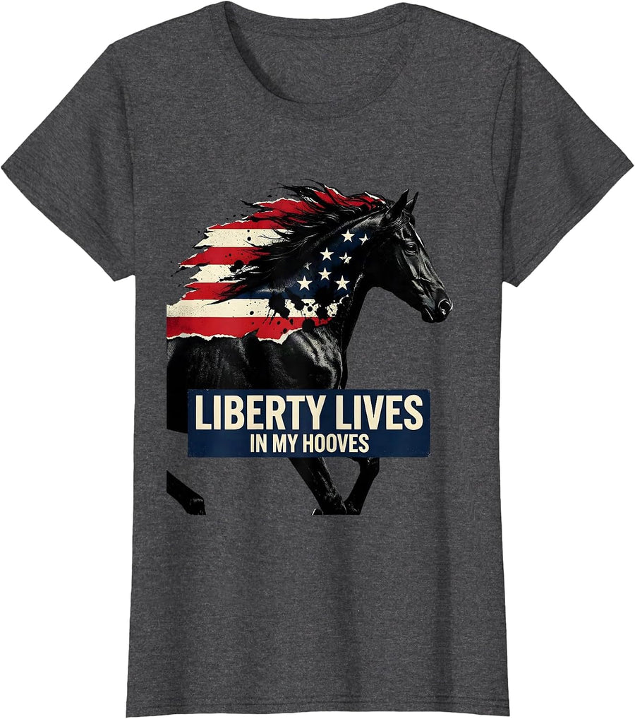 Women's Liberty Lives In My Hooves Patriotic Horse 4th Of July Rodeo T-Shirt - Dark Heather Grey