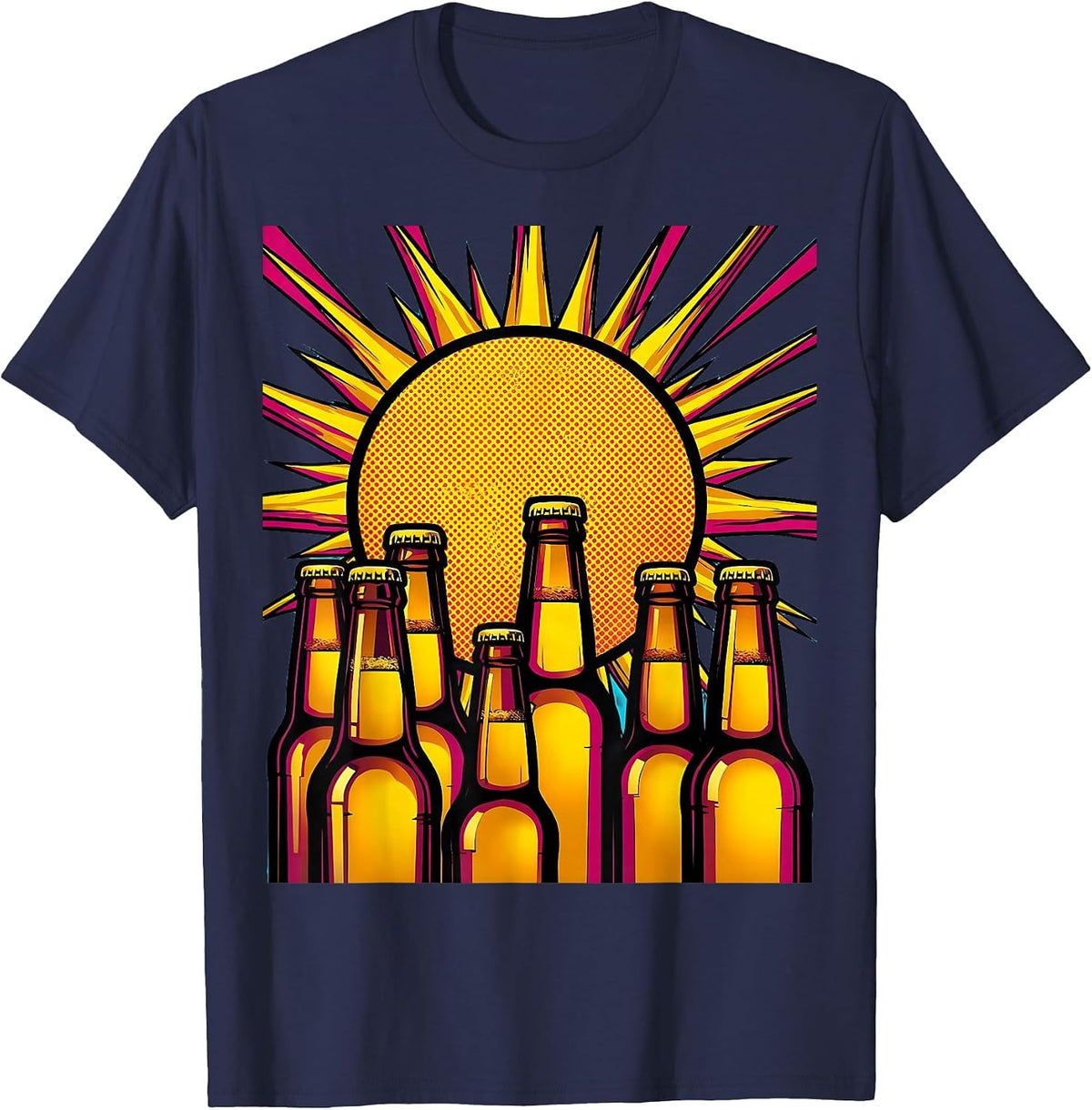 Sunset Beer Bottles Graphic Tee T-Shirt - Navy Blue