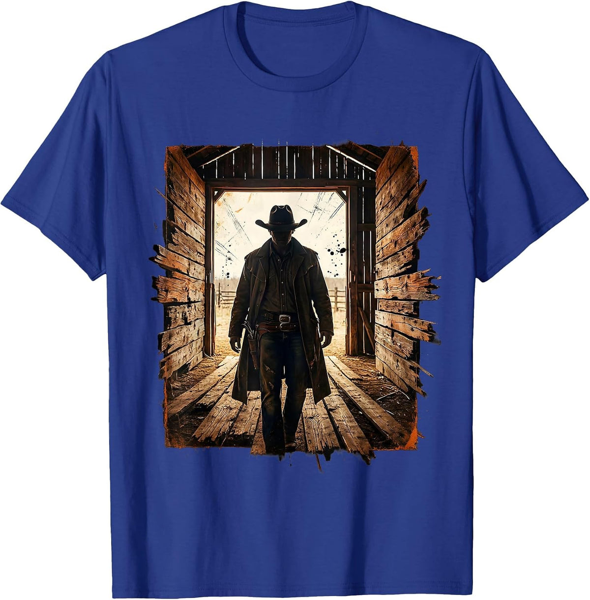 Men's Cowboy Standing in Barn Doorway Illustration T-Shirt - Royal Blue