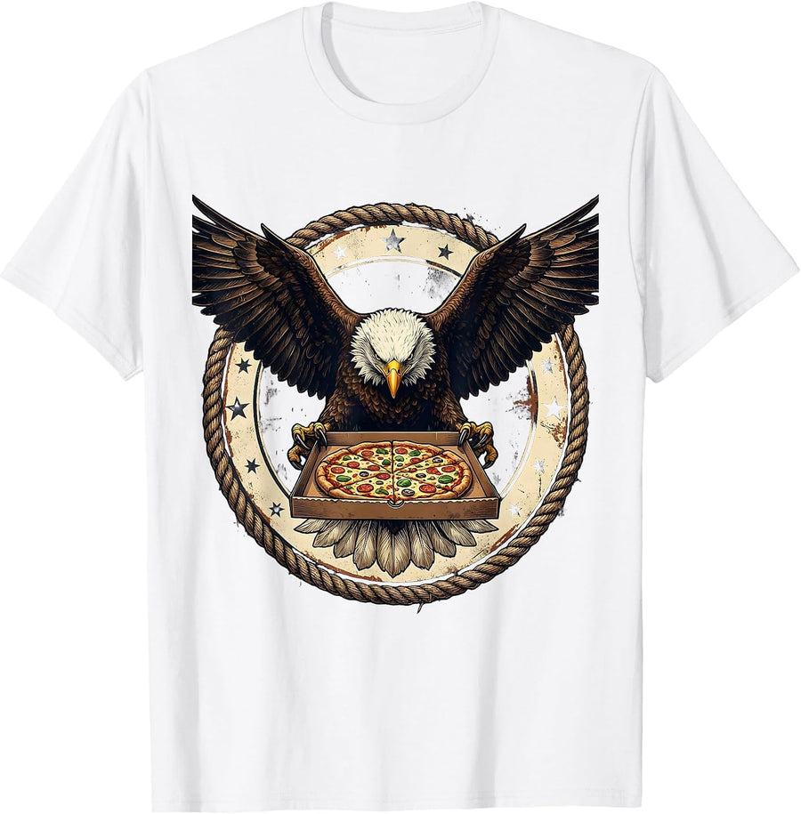 Men's Bald Eagle Pizza Delivery Funny Novelty Graphic Tee T-Shirt - White