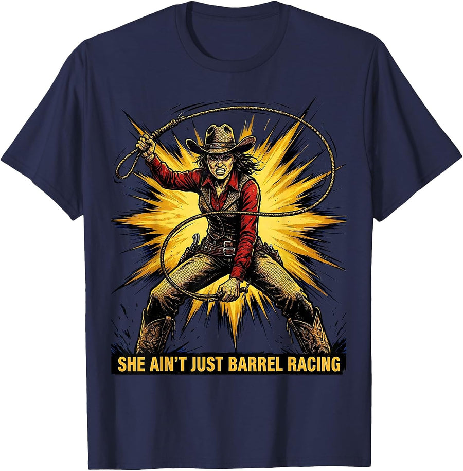 She Ain't Just Barrel Racing Rodeo Design T-Shirt - Navy Blue