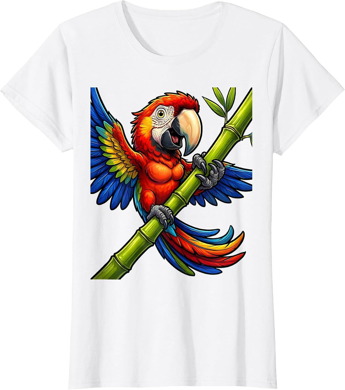 Hawaii Macaw Parrot on Bamboo Tropical Art T-Shirt - White