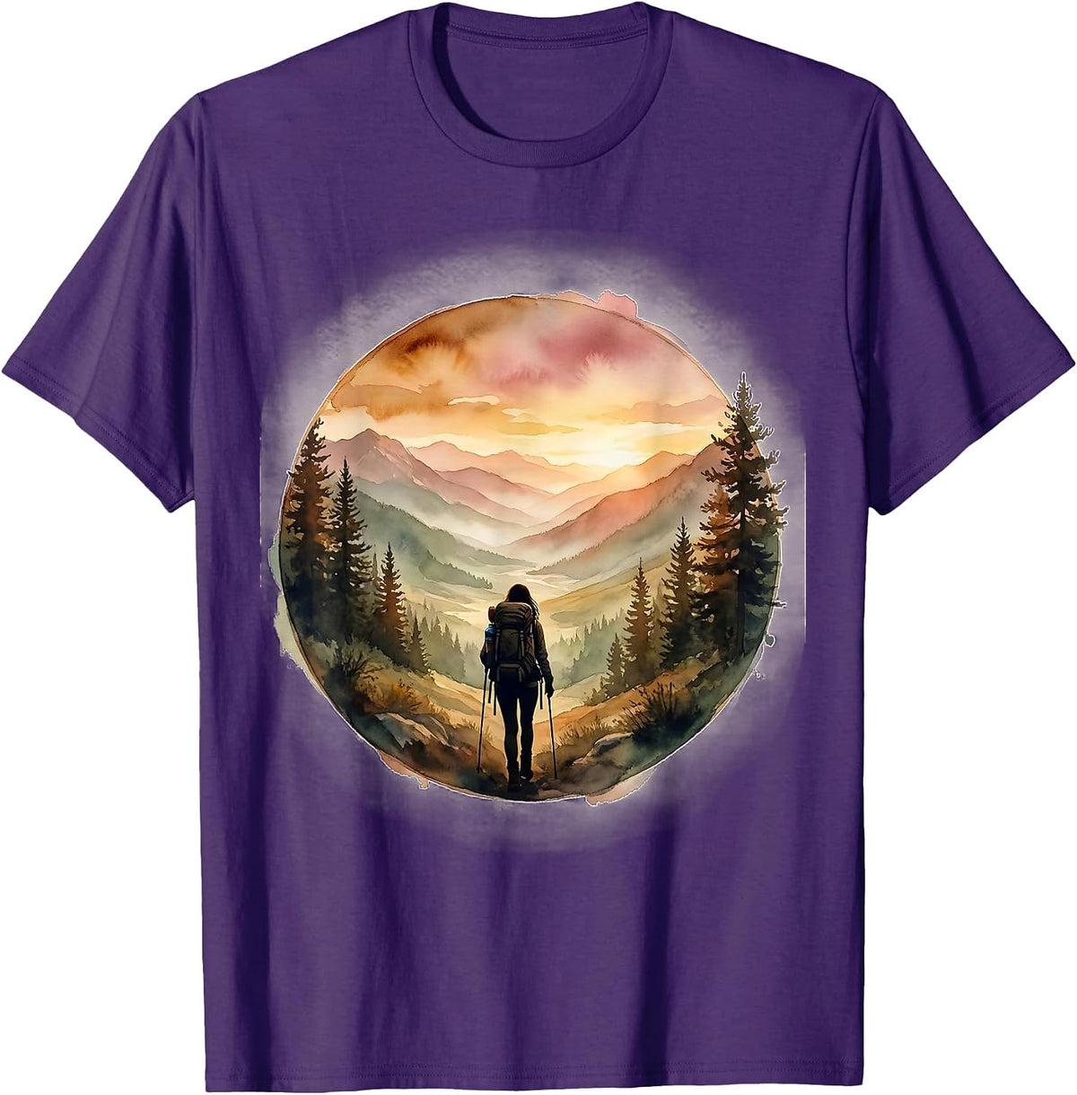 Backpacker Sunset Valley Silhouette Hiking Design T-Shirt - Purple