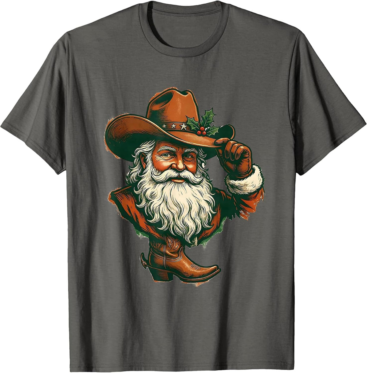 Cowboy Santa Bust Rubber Stamp Western Christmas T-Shirt - Asphalt Grey
