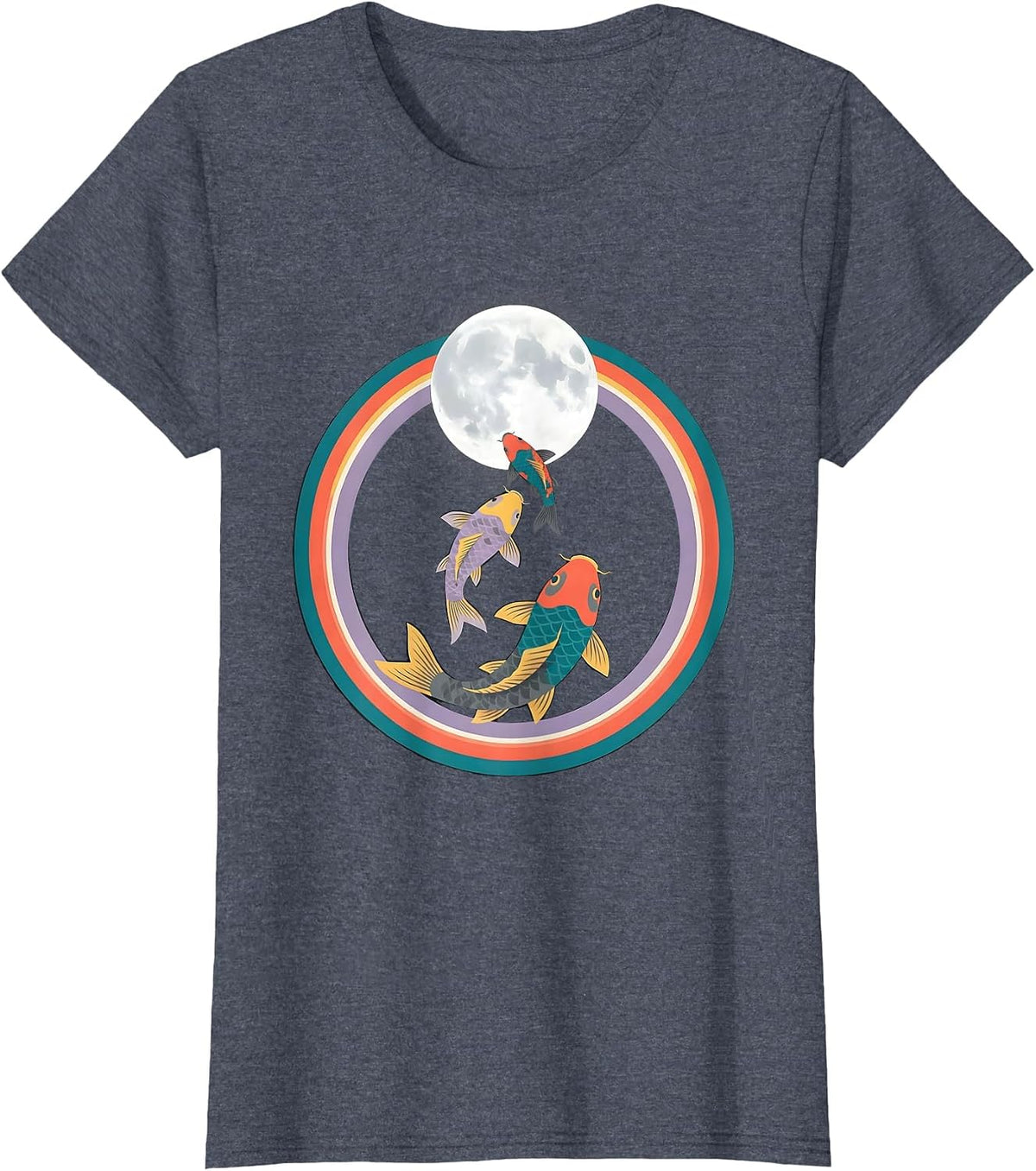 Women's Three Koi Fish Moon Flat Vector Animal Meme Parody T-Shirt - Heather Blue