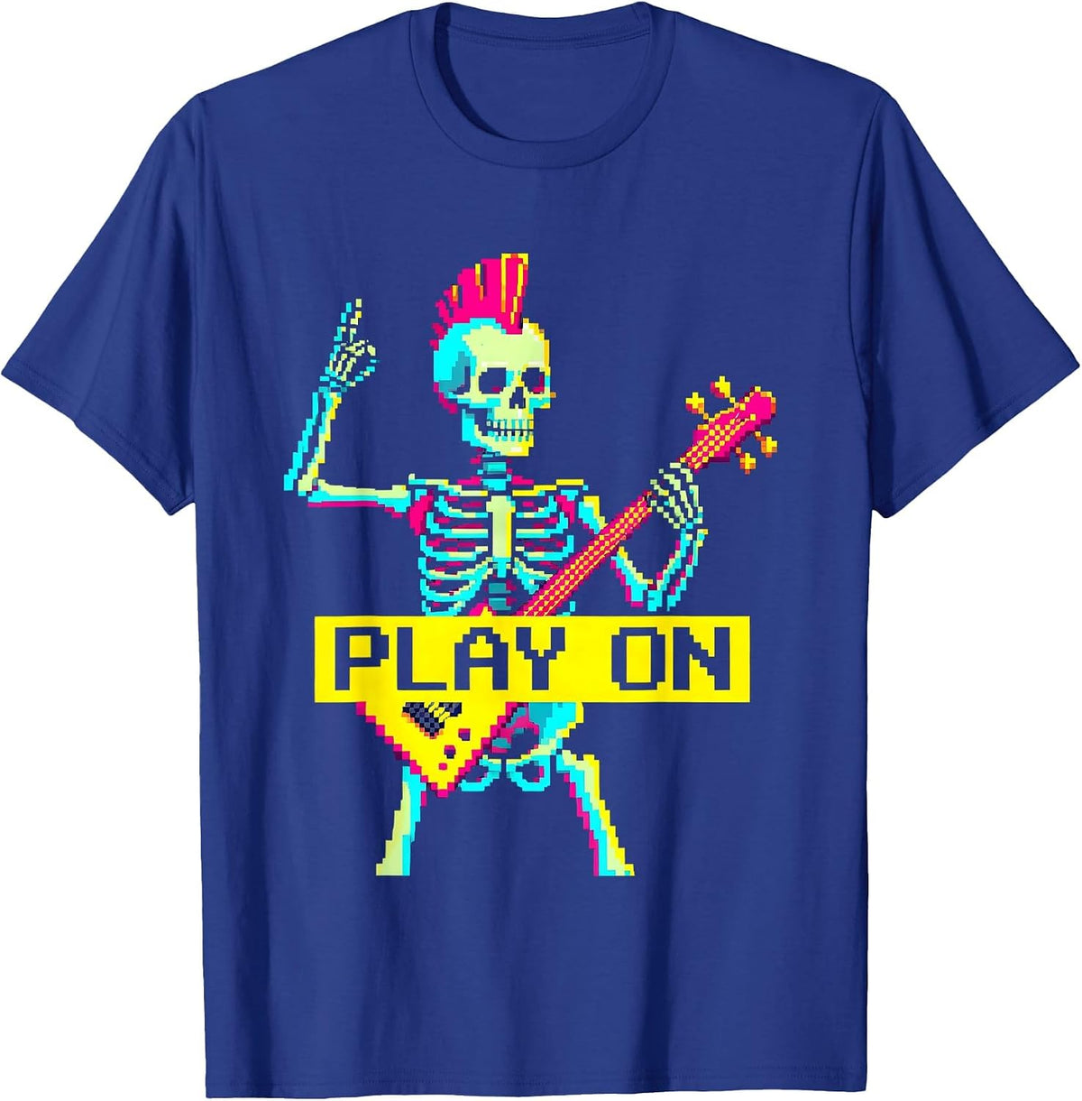 Men's Play On Pixel Art Punk Rock Skeleton Skull Halloween Music T-Shirt - Royal Blue