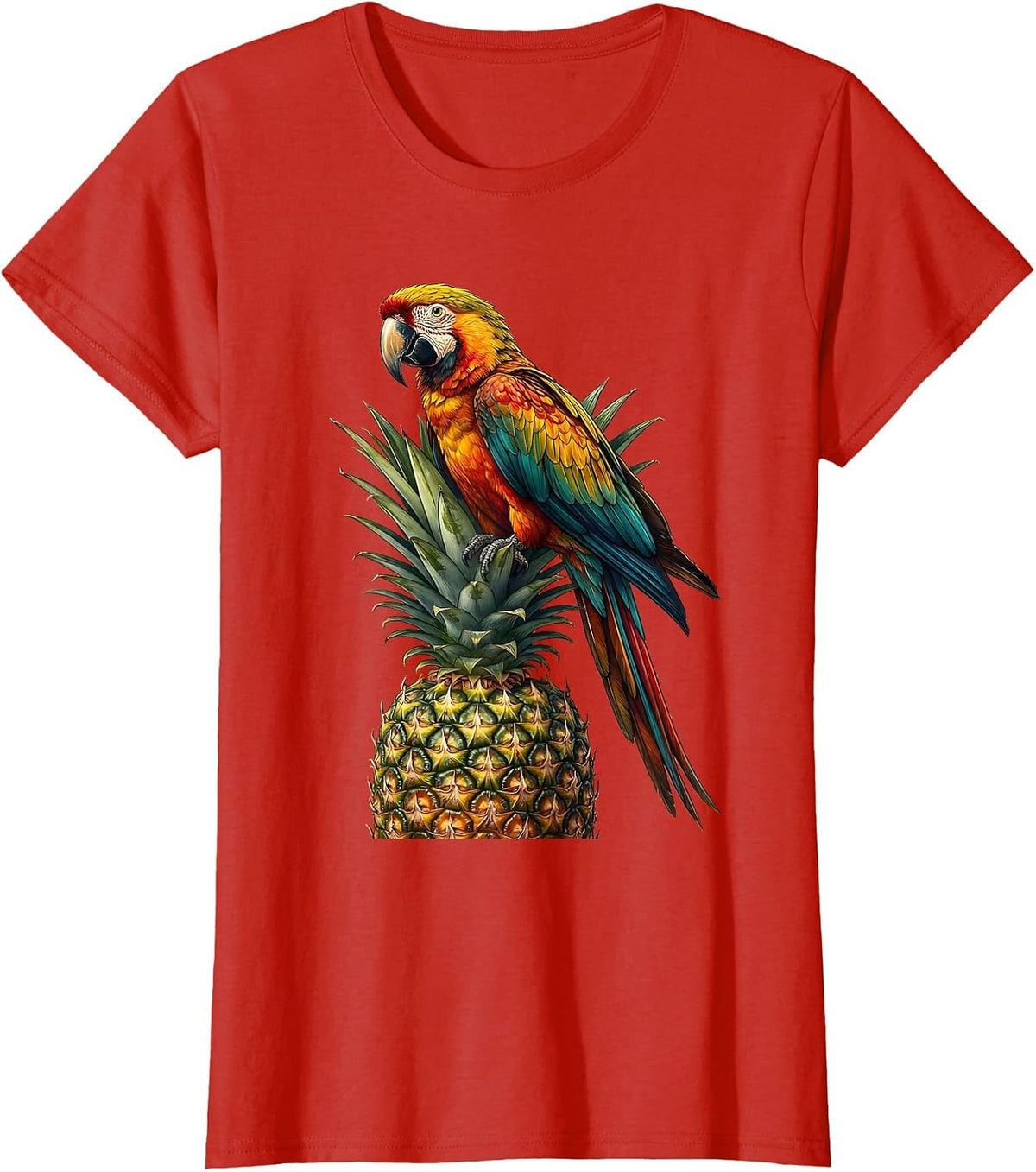Tropical Parrot on Pineapple Hawaiian Design T-Shirt - Red