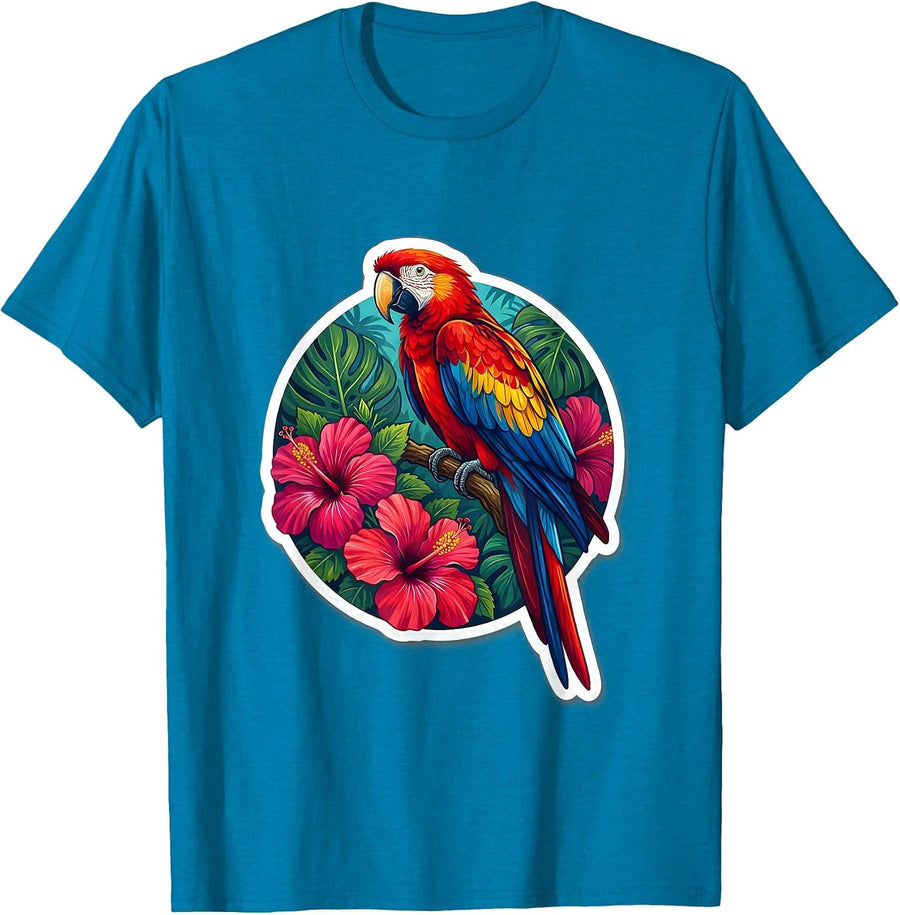Colorful Parrot Hibiscus Mexican Floral Art T-Shirt - Sapphire Blue