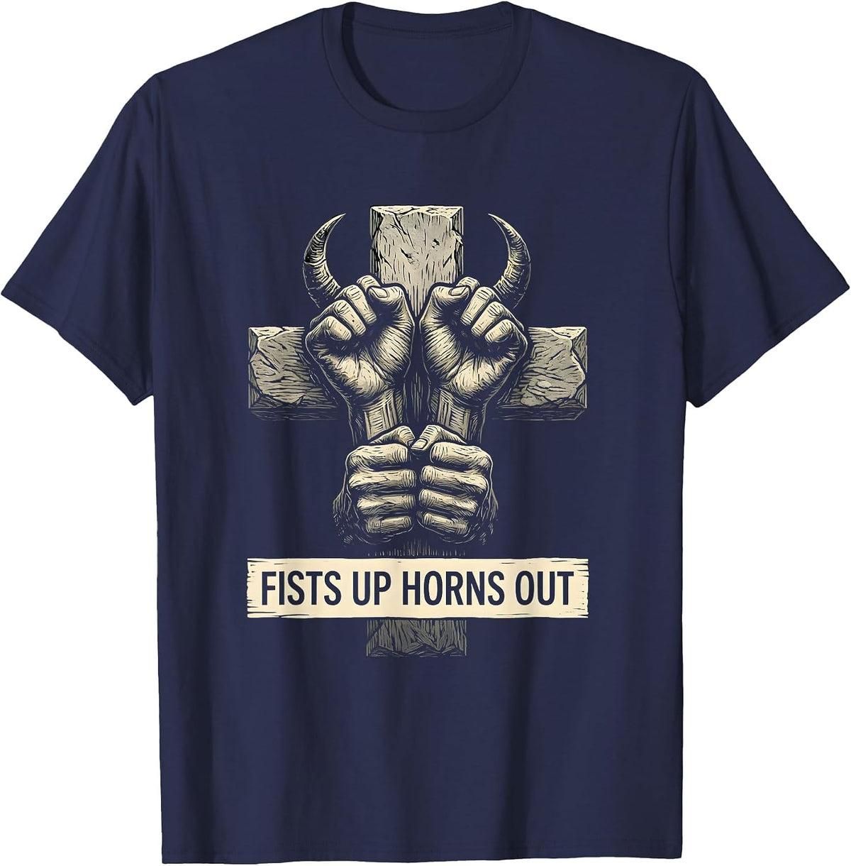 Fists Up Horns Out Metal Band Graphic Design T-Shirt - Navy Blue