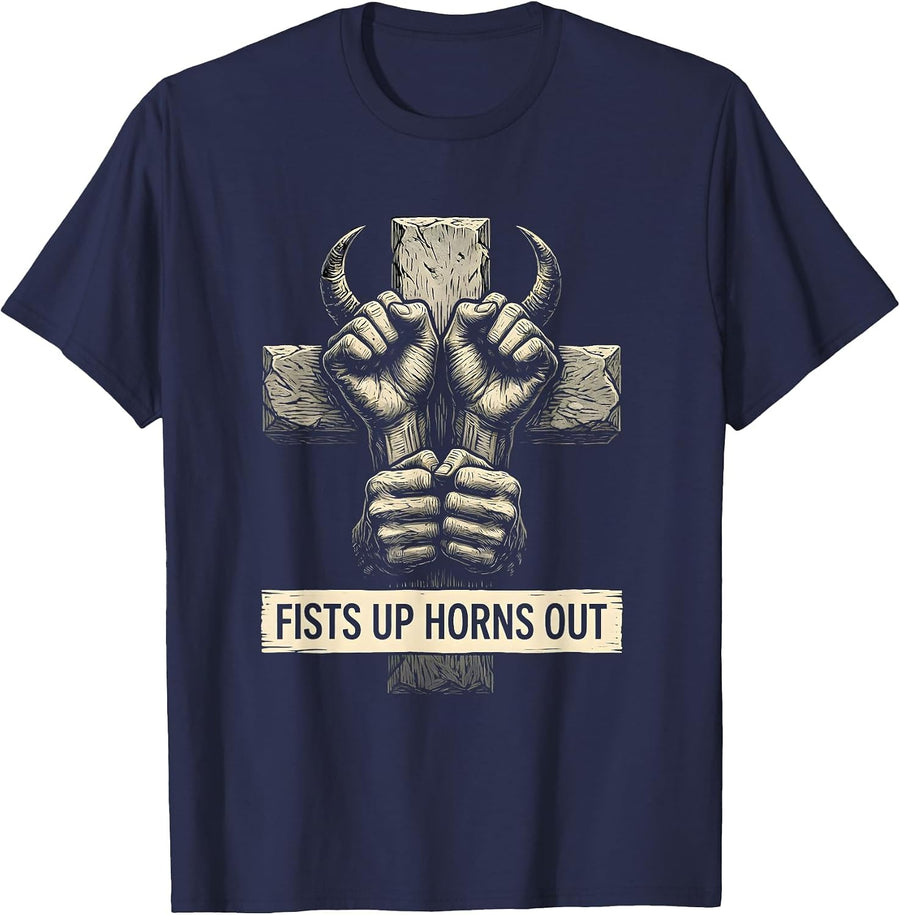 Fists Up Horns Out Metal Band Graphic Design T-Shirt - Navy Blue
