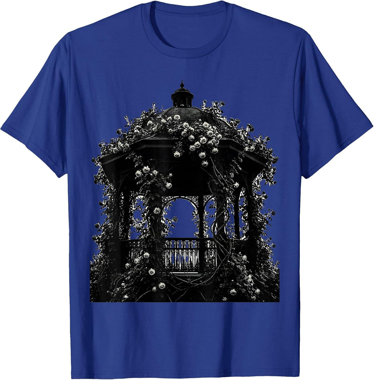 Park Gazebo Climbing Roses Botanical Illustration T-Shirt - Royal Blue