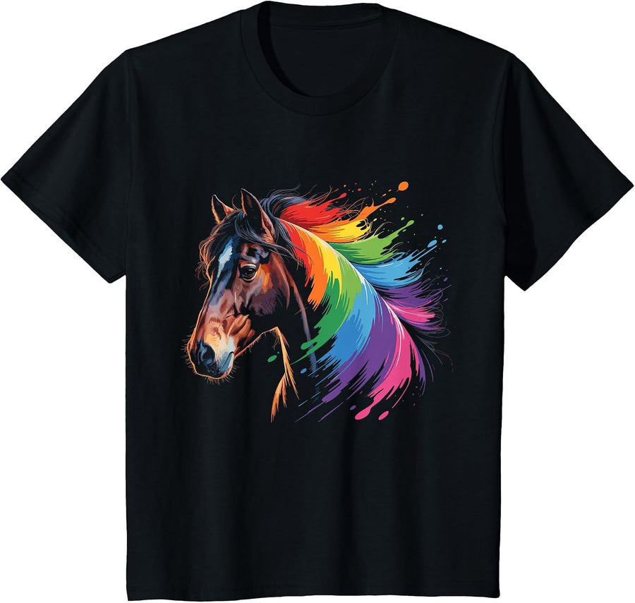 Watercolor Horse Head Colorful Painting Art Splash T-Shirt - Black