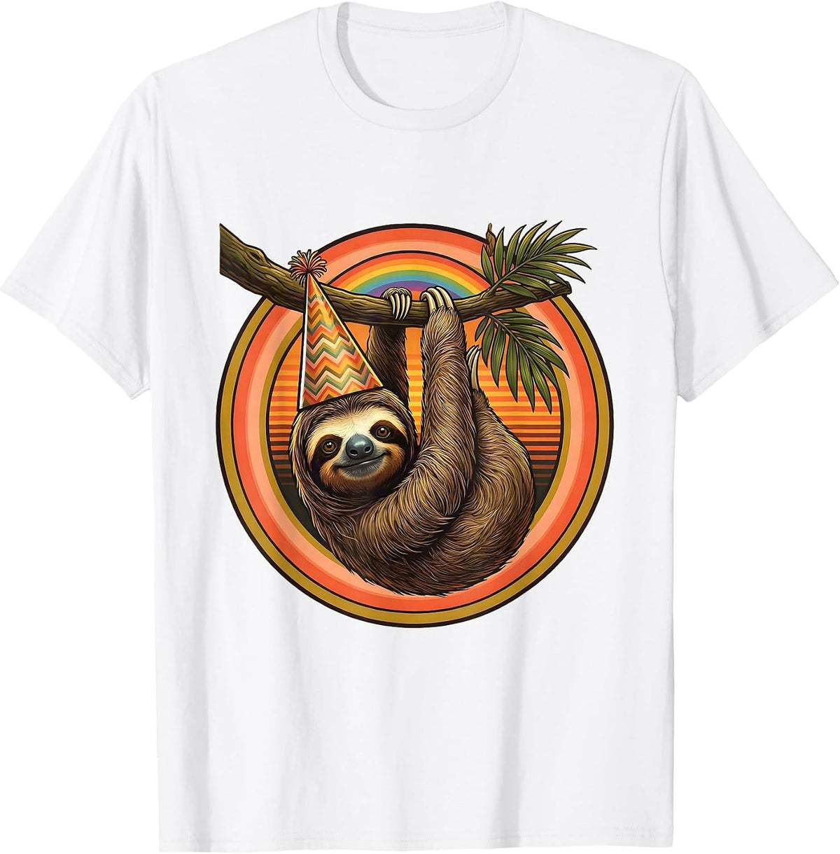Men's Birthday Sloth Party Hat Hanging From Branch T-Shirt - White