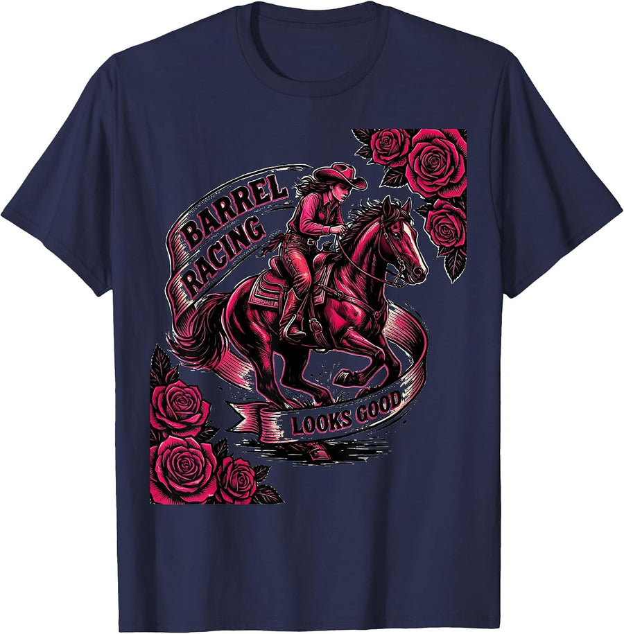 Barrel Racing Looks Good Pink Cowgirl Design T-Shirt - Navy Blue