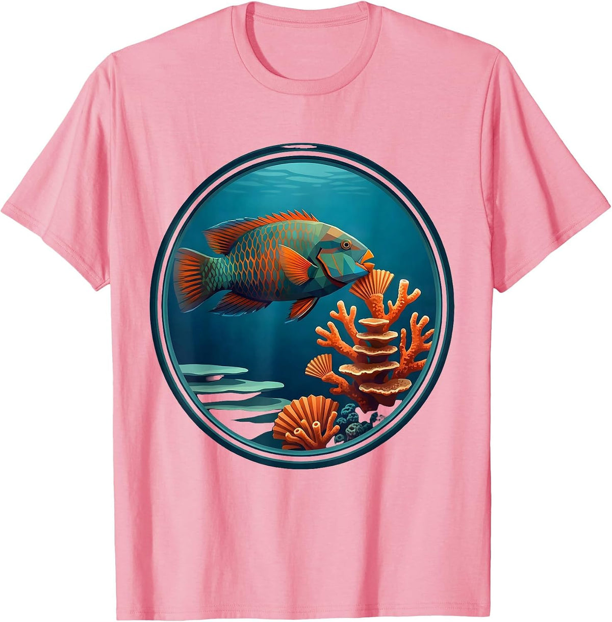 Men's Parrot Fish Nibbling Rainbow Coral Hawaiian Design T-Shirt - Pink