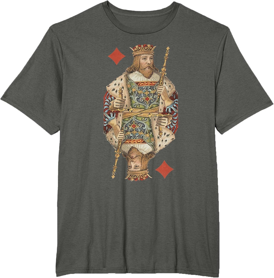 King of Diamonds Antique Art Nouveau Playing Card Art T-Shirt, Men's Big and Tall, Asphalt Grey, 6X Tall - As Pictured